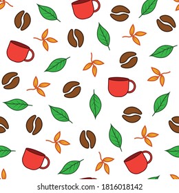 coffee seamless pattern design vector graphic, colorful element, drink, fresh leaves decorative ornament, organic wallpaper cover, wrapping paper