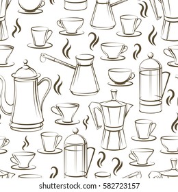 Coffee seamless pattern design. Vector texture with coffee pot cups and smoke