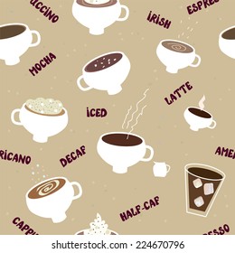 Coffee seamless pattern of different kinds and sorts vector