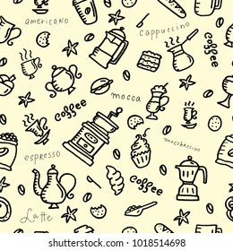 Coffee seamless pattern. Differrent hand drawn coffee attributes. Doodles.