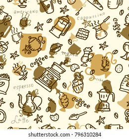 Coffee seamless pattern. Differrent hand drawn coffee attributes. Doodles.