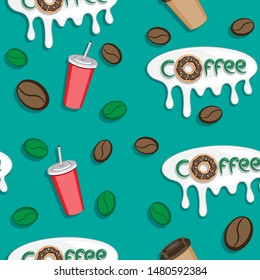 Coffee Seamless Pattern. Donuts grain Cup Coffee Lettering.Vector illustration eps 10