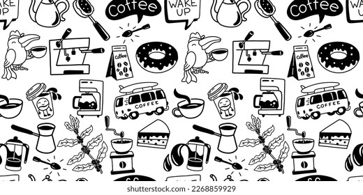 Coffee seamless pattern. Doodle background. Cup of coffee and desert. Morning road. Black and white. Vector illustration.