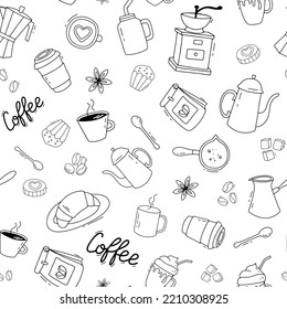 Coffee seamless pattern. Doodle coffee cup, grinder and pot. Vector illustration on white