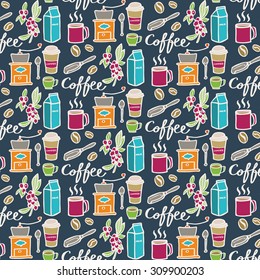 Coffee. Seamless pattern with doodle coffee elements. Hand-drawn sketch background. Vector illustration. 