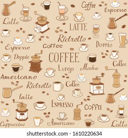 Coffee seamless pattern. Drawings of cups, coffee grinders and inscriptions. The inscription latte, espresso, ristretto and americano