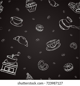 Coffee seamless pattern, drawn in chalk on a blackboard