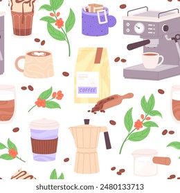 Coffee seamless pattern. Coffee drink in cup and mug. Espresso americano cappuccino, beverage to go. Fabric and wrapping print, racy vector background