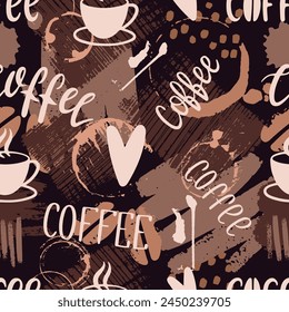 Coffee seamless pattern. Fashion cafe, bar, restaurant print with handwritten phrases and cups. Decorative creative fabric neoteric vector print