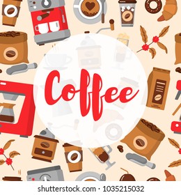Coffee seamless pattern. Flat collection drink decorative icons behind the round shape. Modern icons for coffee shop and coffee house. Colorful template for for your design. Flat style Vector