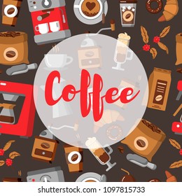 Coffee seamless pattern. Flat collection drink decorative icons behind the round shape. Modern icons for coffee shop and coffee house. Colorful template for for your design. Flat style Vector
