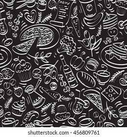 Coffee seamless pattern. Pattern with food and drinks in plain black  background. Coffee and desserts contour pattern.