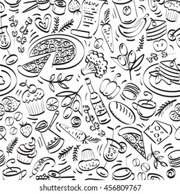 Coffee seamless pattern. Pattern with food and drinks in plain white background. Coffee and desserts contour pattern.