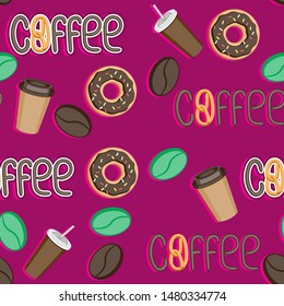 Coffee Seamless Pattern. Grain Cup donut Coffee Lettering.Vector illustration. eps 10