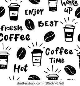 Coffee seamless pattern. Hand drawn illustration with hand lettering. Great for cafe, bars, wallpaper, wrapping paper.