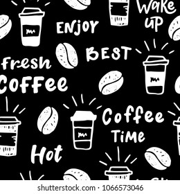 Coffee seamless pattern. Hand drawn illustration with hand lettering. Great for cafe, bars, wallpaper, wrapping paper.