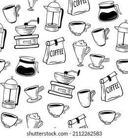 Coffee seamless pattern. Hand drawn background with coffee party Collection. Perfect for packaging, textile, print. Vector cartoon illustration