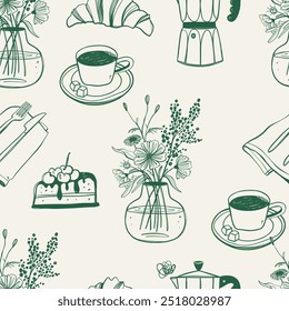 Coffee seamless pattern. Hand drawn sketch style breakfast background. Vector illustration