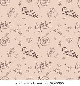 Coffee seamless pattern, hand drawn background with sign and letteings, texture wallpaper template. vector illustration