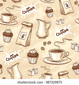 Coffee seamless pattern. Hand drawn vector illustration.