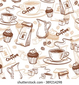 Coffee seamless pattern. Hand drawn vector illustration.
