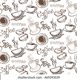 Coffee  seamless pattern - hand drawn illustration. 
Hand drawn coffee set. Vector illustration.