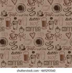 Coffee  seamless pattern - hand drawn illustration. 
Hand drawn coffee set. Vector illustration.