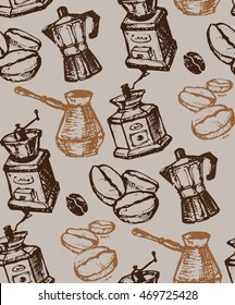 Coffee seamless pattern - hand drawn illustration. Hand drawn coffee set. Vector illustration.