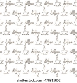 Coffee seamless pattern. Hand drawn background with coffee cups and lettering. Vector eps8 illustration.