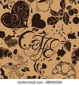 Coffee seamless pattern with hand drawn elements
