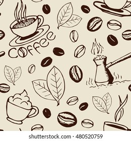 Coffee seamless pattern. Hand drawn repeating background with cups, cezve, beans and leaves. Sketchy wrapping texture. Vector eps8 illustration.