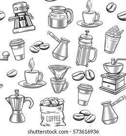 Coffee seamless pattern. Hand drawn vector illustration.