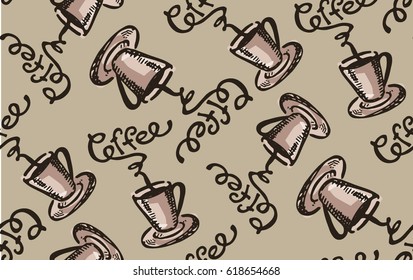Coffee  seamless pattern - hand drawn illustration. 
Hand drawn coffee set. Vector illustration.