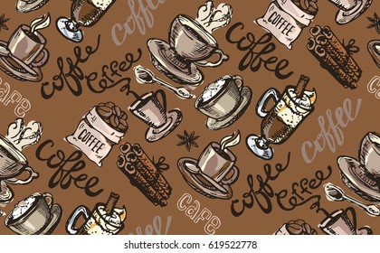 Coffee  seamless pattern - hand drawn illustration. 
Hand drawn coffee set. Vector illustration.