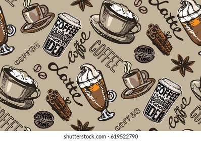 Coffee  seamless pattern - hand drawn illustration. 
Hand drawn coffee set. Vector illustration.