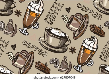 Coffee  seamless pattern - hand drawn illustration. 
Hand drawn coffee set. Vector illustration.