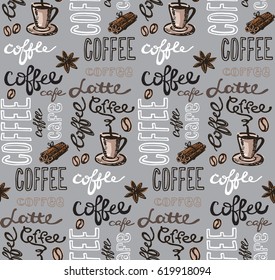 Coffee  seamless pattern - hand drawn illustration. 
Hand drawn coffee set. Vector illustration.