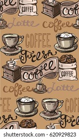 Coffee  seamless pattern - hand drawn illustration. 
Hand drawn coffee set. Vector illustration.