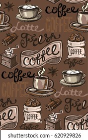 Coffee  seamless pattern - hand drawn illustration. 
Hand drawn coffee set. Vector illustration.