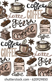 Coffee  seamless pattern - hand drawn illustration. 
Hand drawn coffee set. Vector illustration.