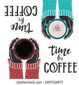 Coffee seamless pattern. Hands holding cup with coffee.Vector illustration.