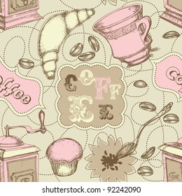 Coffee seamless pattern with labels for text, mugs, grinder, spoon and cakes in cool colors