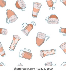 Coffee seamless pattern. Latte, macchiato, americano, cappuccino, mocachino, raf coffee. Stock vector illustration.