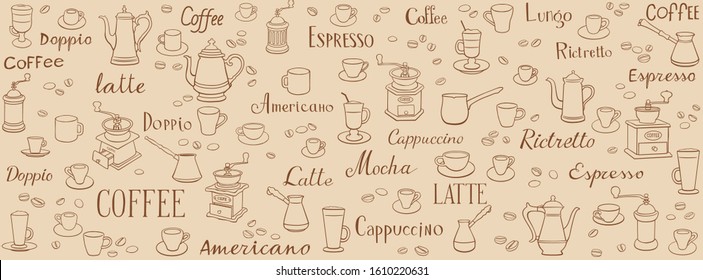 Coffee seamless pattern. Linear drawings of cups, coffee pots and coffee grinders