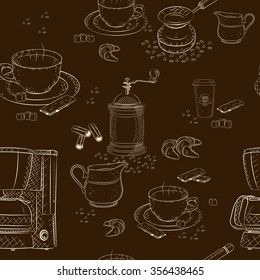 Coffee seamless pattern (coffee machine, cup, scoop, sugar, coffee mill, cinnamon, cezve, milk jug, biscuit, croissant, coffee beans, saucer, paper cup)