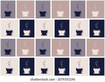 Coffee seamless pattern. Many cups of coffee on different background. Vector texture.