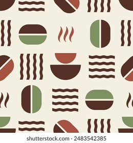 Coffee Seamless Pattern in minimalistic style, Bauhaus geometric background, decorative print with abstract shapes for coffee shop, cafe, food