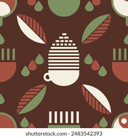 Patrón sin costura del café en estilo minimalista, fondo geométrico de Bauhaus, impresión decorativa con Formas abstractas para cafetería, cafetería, comida
