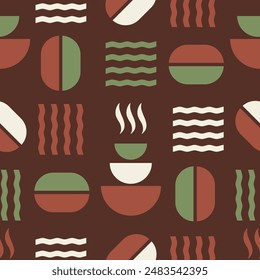 Coffee Seamless Pattern in minimalistic style, Bauhaus geometric background, decorative print with abstract shapes for coffee shop, cafe, food