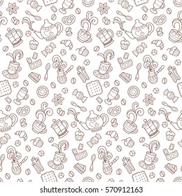 Coffee. Seamless pattern. Monocolor vector hand drawn doodle cartoon	